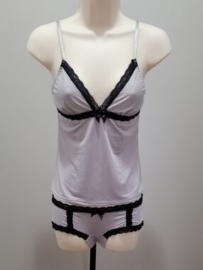 Women's Lace-Trim Cami & Panty Set - Silver with Black Sz S